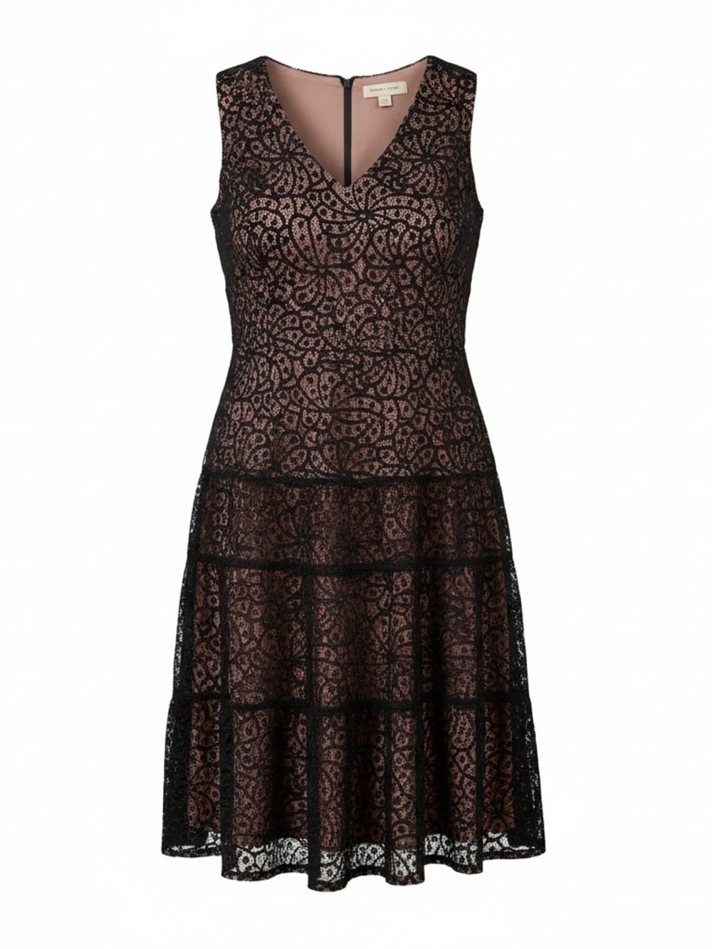 Sleeveless Black Lace Overlay V-Neck Dress - Anne Klein